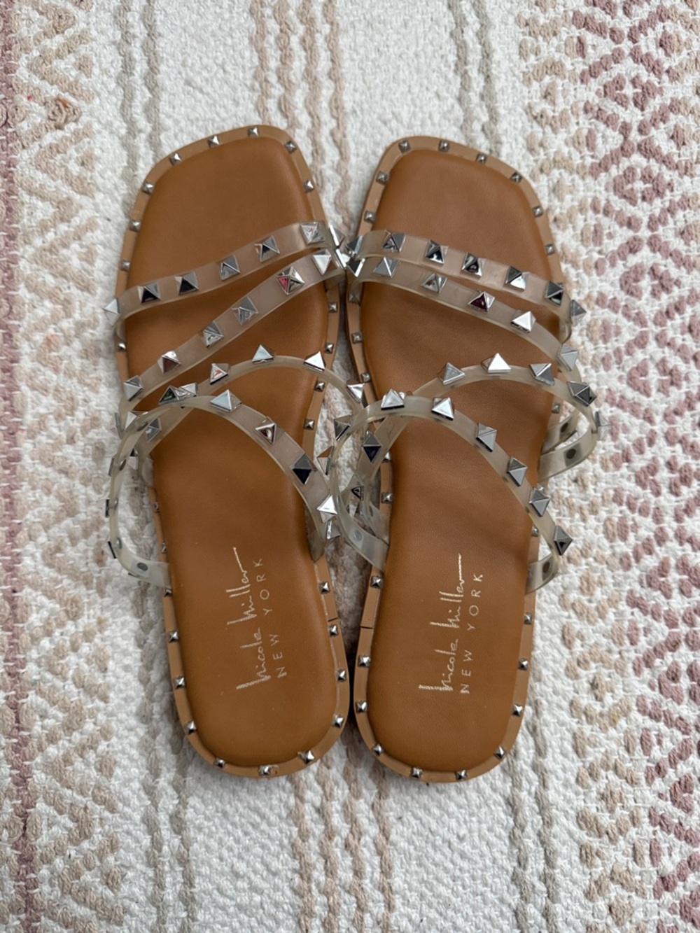 Nicole Miller Clear Strappy Sandals with Tan Footbed and Silver Studs